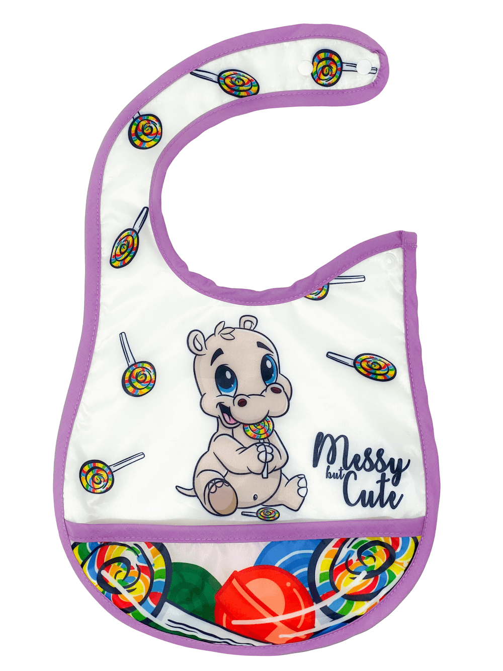 Reversible Microfiber Waterproof Unisex Baby Bib: Lollipop Hippo (Organic)