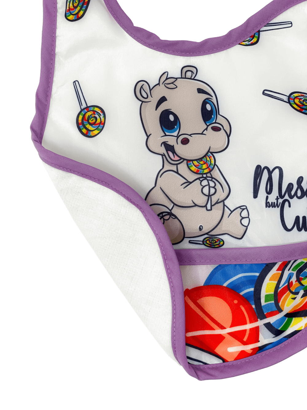 Reversible Microfiber Waterproof Unisex Baby Bib: Lollipop Hippo (Organic)