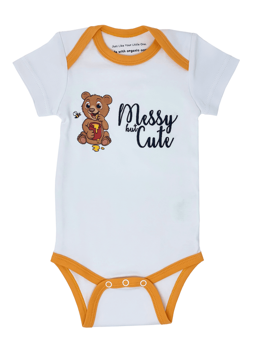 Embroidered Short-sleeve Organic Unisex Baby Bodysuit: Honey Bear