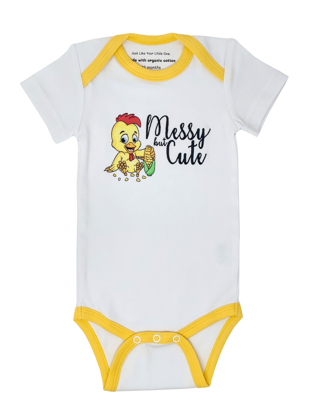 Embroidered Short-sleeve Organic Unisex Baby Bodysuit: Corn Chicken