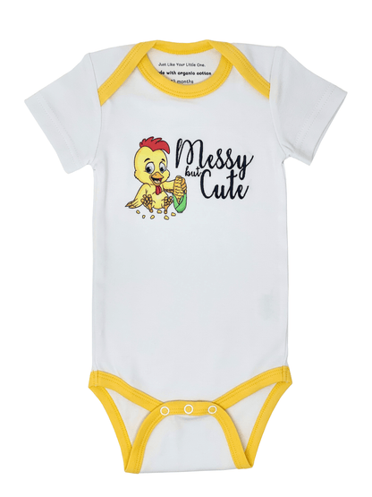 Embroidered Short-sleeve Organic Unisex Baby Bodysuit: Corn Chicken