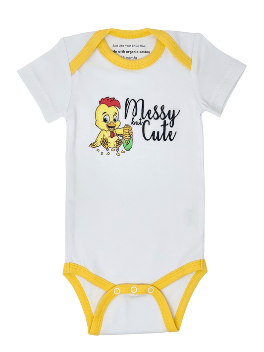 Embroidered Short-sleeve Organic Unisex Baby Bodysuit: Corn Chicken