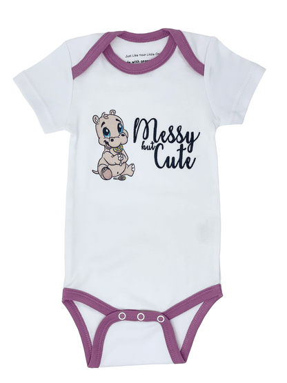 Embroidered Short-sleeve Organic Unisex Baby Bodysuit: Lollipop Hippo