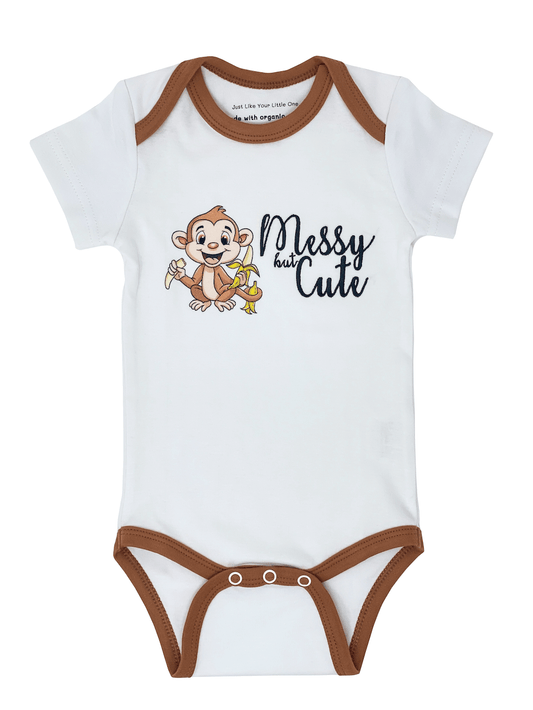 Embroidered Short-sleeve Organic Unisex Baby Bodysuit: Banana Monkey