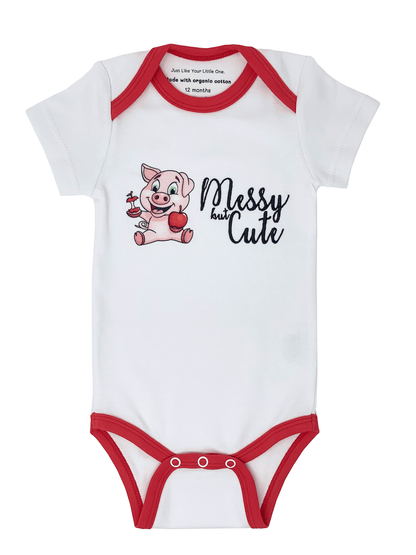 Embroidered Short-sleeve Organic Unisex Baby Bodysuit: Apple Pig